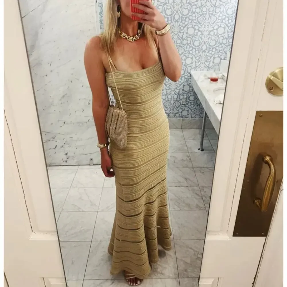 Herve Leger Gold Bandage Gown LARGE Mermaid Metallic Formal Party Designer $1590 - Picture 6 of 14